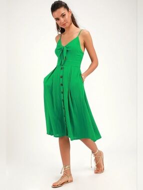 Lulus Green Midi Dress Tie Front Keyhole Button Lined Summer Small summer pocket